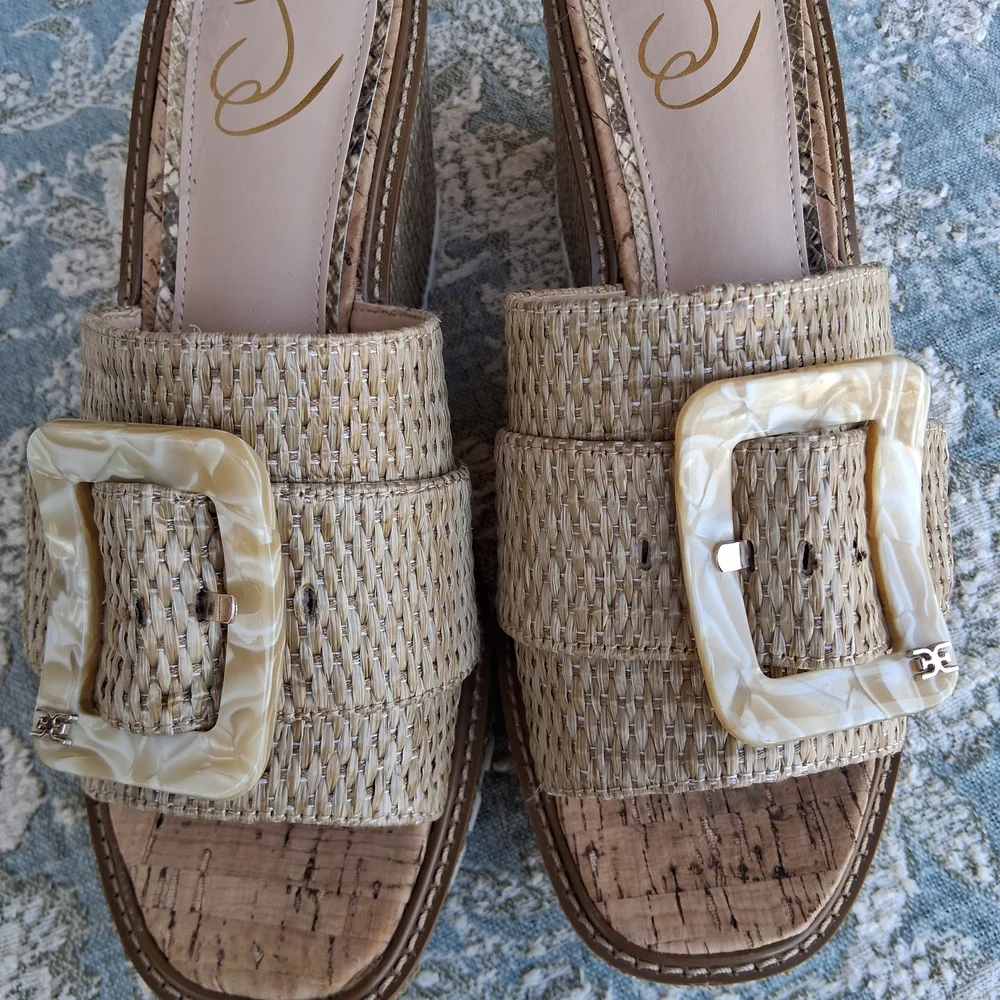 Sam Edelman Raffia Platform Slides 9 Woven Buckle Chunky Sandals Boho Festival - Picture 11 of 17